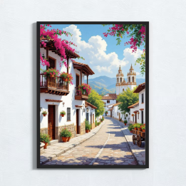 Cuadro Ciudad Calle Colonial en Flor | Paisaje Latinoamericano