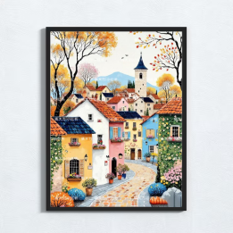 Cuadro Ciudad Pueblo Europeo en Otoño | Paisaje Encantador