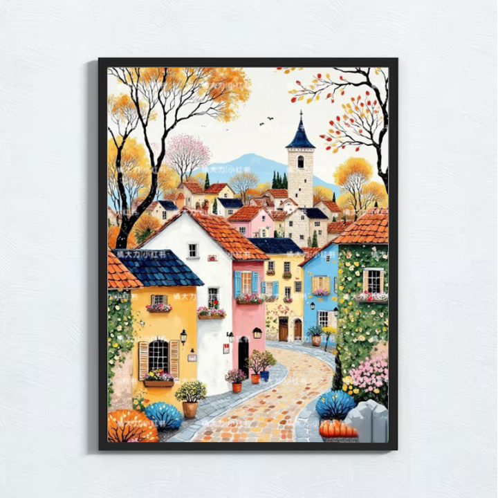 Cuadro Ciudad Pueblo Europeo en Otoño | Paisaje Encantador